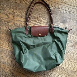 Longchamp Forest Green Tote with Brown Accents